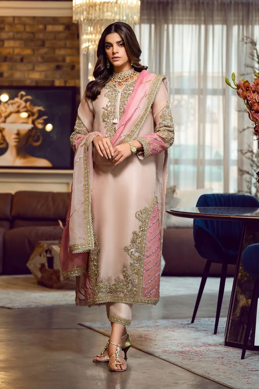 Sara Rohail Asghar SRA Organza Embroidered Hand Emblishment Collection PEACH NOUVEAU Pehnawa